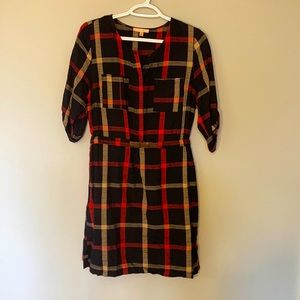 Plaid linen dress with leather belt